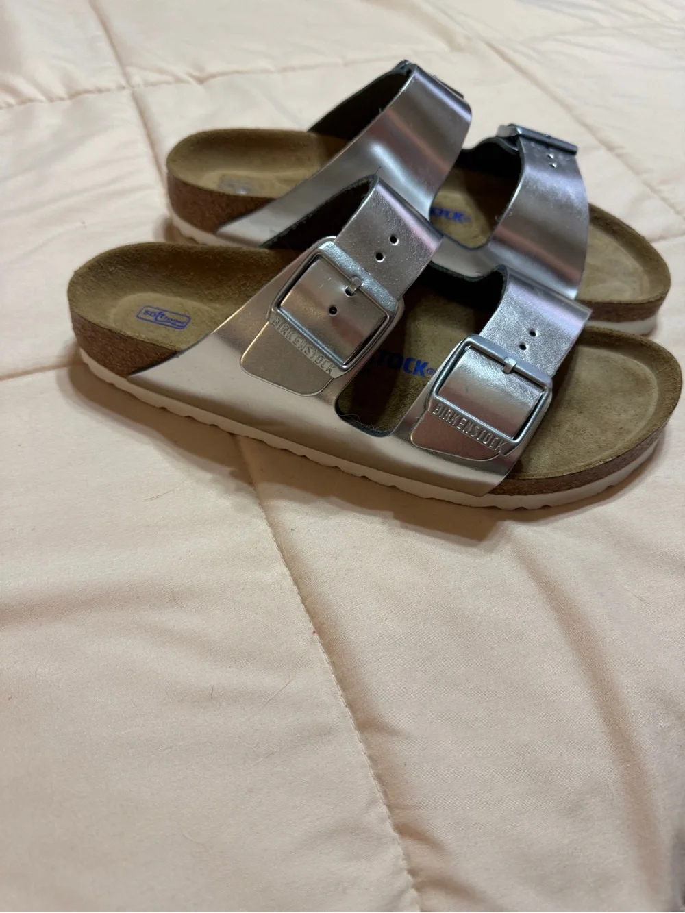 Birkenstock Women’s Softbed Two-Strap Metallic Silver Sandals